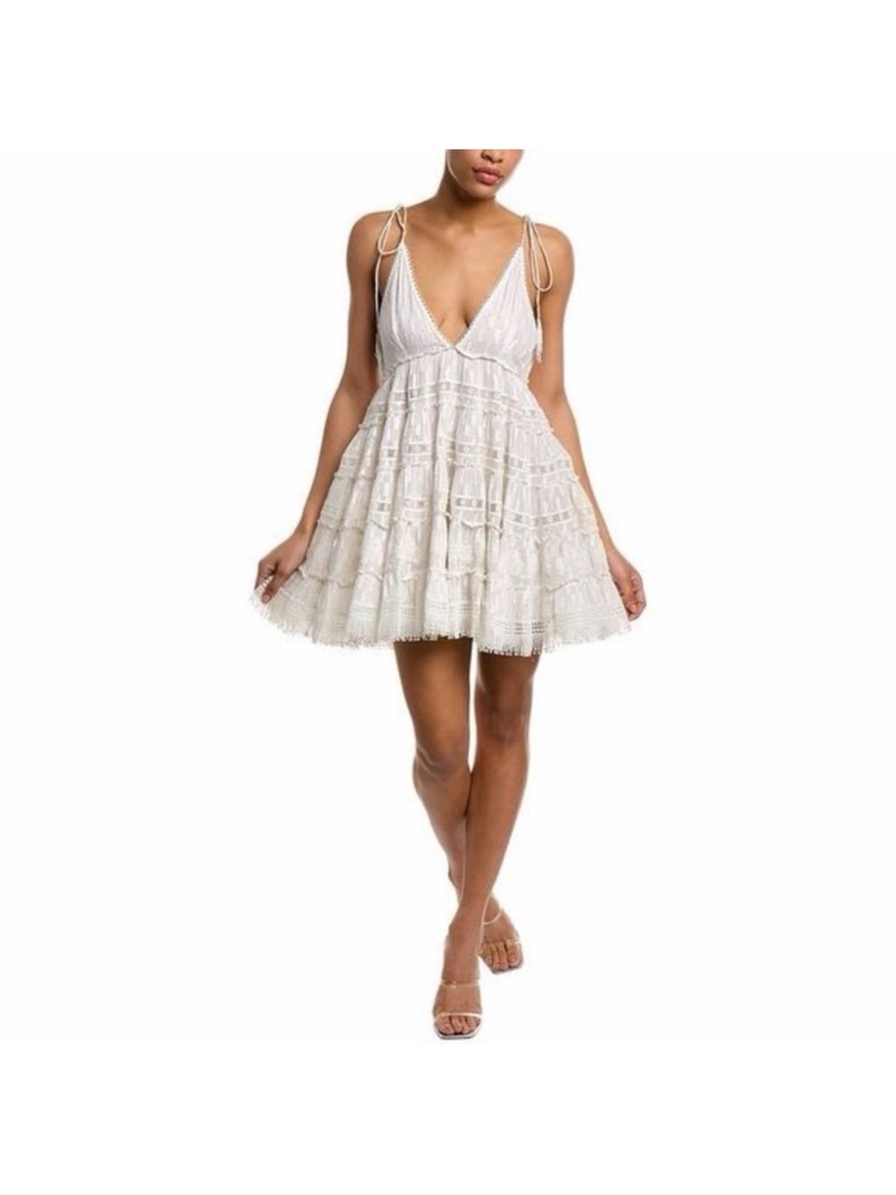 Rococo Sand Fil Coupé Tiered Eyelets Metallic Lace Mini Dress medium white